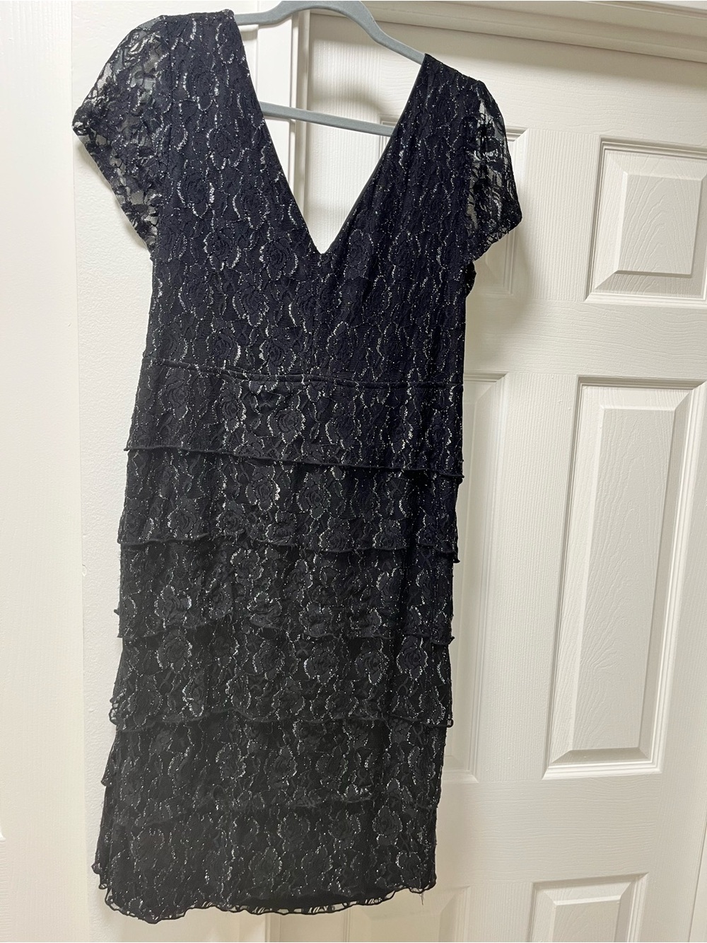 Scarlett Black Lace Tiered V-Neck Dress with Silver Highlights